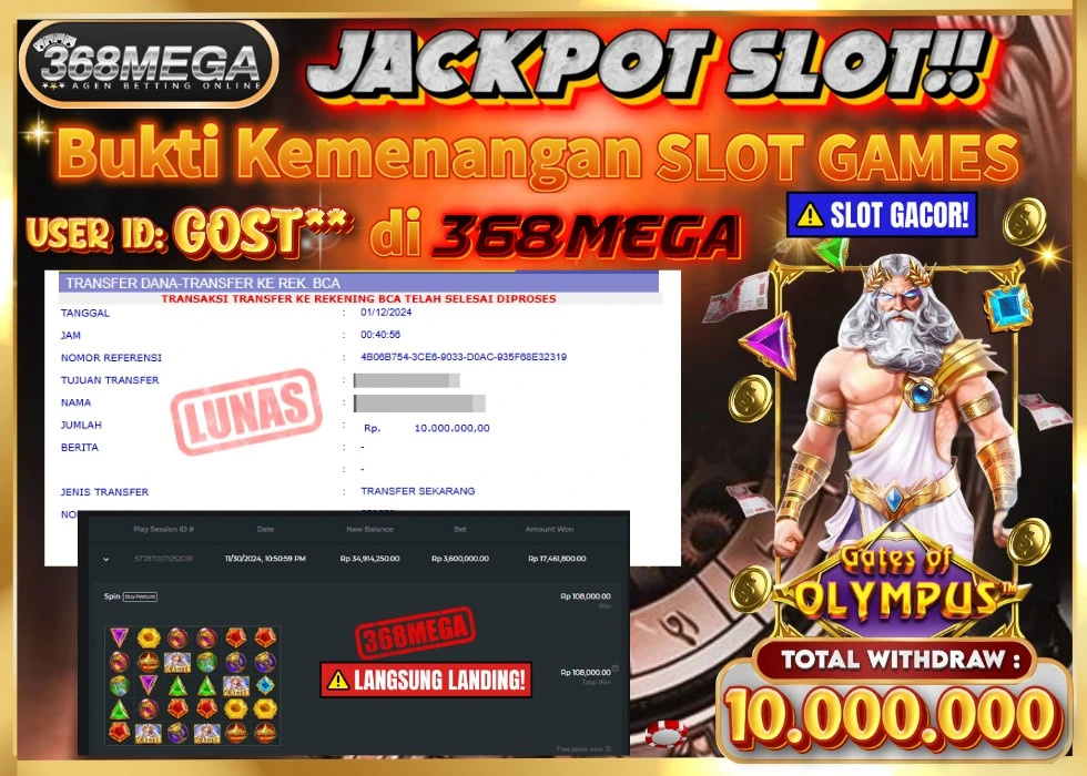 368MEGA JACKPOT SLOT GATES OF OLYMPUS Rp 10.000.000 - LUNAS!!!