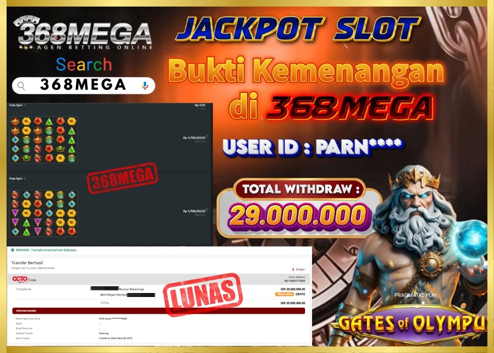 368MEGA JACKPOT SLOT GATES OF OLYMPUS Rp 29.000.000 - LUNAS!!!